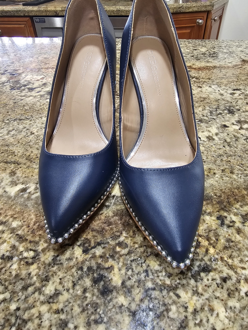 BCBGeneration Navy Pointed Toe Stud-Trim Pump Size 7, 4"heels